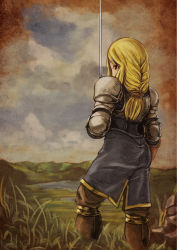 Rule 34 | 1girl, absurdres, agrias oaks, armor, blonde hair, braid, braided ponytail, corset, final fantasy, final fantasy tactics, gloves, grass, highres, holding, holding sword, holding weapon, knight, kumaki (ku-maki), lake, landscape, long hair, looking at viewer, looking back, outdoors, pauldrons, plant, shoulder armor, single braid, solo, standing, sword, water, weapon
