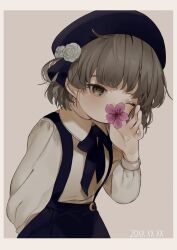 Rule 34 | 1girl, arm behind back, bad id, bad twitter id, beret, black hat, black ribbon, black skirt, border, brown background, brown eyes, brown hair, collared shirt, cowboy shot, dated, expressionless, flower, flower over mouth, gotou (nekocat), grey shirt, hair ribbon, hand up, hat, hatoba tsugu, highres, holding, holding flower, leaning forward, long sleeves, looking at viewer, messy hair, neck ribbon, one eye closed, puffy long sleeves, puffy sleeves, purple flower, ribbon, shirt, shirt tucked in, short hair, simple background, single hair ring, skirt, solo, suspender skirt, suspenders, tsugu (vtuber), virtual youtuber, white border