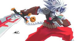 Rule 34 | 1boy, absurdres, andrew leung, animal ear fluff, animal ears, armor, bell, belt, blue hair, brown gloves, dated, fingerless gloves, fingernails, furry, furry male, gloves, highres, holding, holding sword, holding weapon, male focus, multicolored hair, onmyou taisenki, pauldrons, red eyes, sharp fingernails, shoulder armor, signature, simple background, smile, solo, spiked hair, sword, tail, tail bell, tail ornament, teeth, weapon, white background, white hair, yin yang