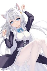 Rule 34 | 1girl, :o, absurdres, animal ear fluff, animal ears, bad id, bad pixiv id, bell, black dress, blue bow, blue bowtie, blue eyes, bow, bowtie, cat ears, cat girl, cat tail, chucolala, collared dress, dress, feet out of frame, hair bell, hair between eyes, hair ornament, hair strand, highres, jawr8473, knees up, long hair, long sleeves, looking at viewer, maid, maid headdress, pantyhose, parted lips, paw pose, shirayuki aria, sidelocks, signature, simple background, solo, tail, tail censor, teeth, very long hair, virtual youtuber, white background, white dress, white hair, white pantyhose