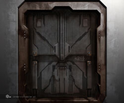Rule 34 | commentary, company name, concept art, dated, door, eve online, georg hilmarsson, logo, minmatar republic (eve online), no humans, official art, realistic, rust, science fiction, spacecraft interior