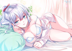 Rule 34 | 1girl, artist name, bare shoulders, barefoot, bed, blue bra, blue eyes, blue panties, botanzuru (flower knight girl), bow, bra, breasts, character name, cleavage, collarbone, commentary request, curtains, day, flower knight girl, hair between eyes, hair bow, indoors, large breasts, light rays, long hair, long sleeves, looking at viewer, lying, no pants, off shoulder, on bed, on side, open clothes, open shirt, panties, parted lips, pillow, ponytail, red bow, satou satoru, shirt, sidelocks, silver hair, smile, solo, strap slip, sunlight, thighs, underwear, white shirt, window
