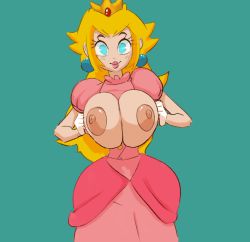 Rule 34 | 1girl, animated, animated gif, blonde hair, blue background, blue eyes, blush, bouncing breasts, breasts, breasts out, cleavage, covered erect nipples, crown, curvy, dress, earrings, elbow gloves, eyelashes, female focus, gloves, happy, huge breasts, jewelry, large areolae, lips, lipstick, long hair, looking at viewer, makeup, mario (series), narrow waist, nintendo, nipples, no bra, one eye closed, pink dress, pink lips, princess, princess peach, puffy short sleeves, puffy sleeves, seductive squid, short sleeves, smile, solo, squidapple, super mario bros. 1, thick eyebrows, third-party edit, white gloves, wide hips, wink