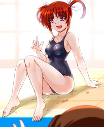 Rule 34 | 1girl, :d, bag, bare arms, bare legs, barefoot, black one-piece swimsuit, blurry, blurry foreground, bow, breasts, brown hair, collarbone, engo (aquawatery), feet, full body, hair between eyes, hair bow, legs, long hair, looking at viewer, lyrical nanoha, mahou shoujo lyrical nanoha, mahou shoujo lyrical nanoha a&#039;s, medium breasts, one-piece swimsuit, open mouth, poolside, purple eyes, school swimsuit, sitting, smile, solo focus, swimsuit, takamachi nanoha, toes, two side up, white bow