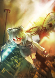 Rule 34 | 1girl, adapted costume, animal ears, bad id, bad pixiv id, cityscape, contemporary, dutch angle, female focus, fingerless gloves, flying, gloves, glowing, glowing eyes, grey hair, highres, light smile, looking at viewer, lowlight kirilenko, motion blur, mouse ears, mouse tail, nazrin, red eyes, reflection, short hair, sky, smirk, solo, tail, touhou