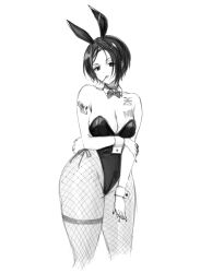 Rule 34 | 1girl, animal ears, arm tattoo, arm under breasts, breast tattoo, breasts, chest tattoo, cleavage, cropped legs, crow (nikke), fake animal ears, fake tail, fishnet pantyhose, fishnets, goddess of victory: nikke, grabbing own arm, greyscale, highleg, highleg leotard, highres, leotard, medium breasts, monochrome, mouth hold, mugen kageno, pantyhose, playboy bunny, rabbit ears, rabbit tail, short hair, side-tie leotard, simple background, solo, strapless, strapless leotard, tail, tattoo, thick thighs, thigh strap, thighs, white background, wide hips, wrist cuffs