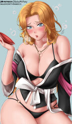 Rule 34 | 1girl, alcohol, between breasts, bikini, black bikini, black kimono, bleach, blue background, blue eyes, blush, breasts, choko (cup), collarbone, cup, dated, drunk, hand on own hip, highres, holding, holding cup, japanese clothes, jewelry, kimono, large breasts, long hair, looking at viewer, matsumoto rangiku, mcdobo, mixed-language commentary, mole, mole under mouth, necklace, o-ring, o-ring bikini, obi, off shoulder, open mouth, orange hair, parted bangs, patreon username, pink shawl, sake, sash, shawl, short sleeves, sitting, solo, spilling, squeans, swimsuit, wide sleeves