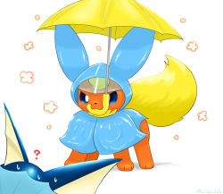 Rule 34 | :3, blue raincoat, closed mouth, creatures (company), evolutionary line, flareon, game freak, gen 1 pokemon, highres, holding, holding umbrella, kenikenikeke, nintendo, no humans, pokemon, pokemon (creature), raincoat, umbrella, vaporeon, yellow umbrella