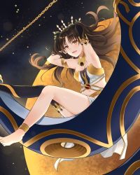 Rule 34 | 1girl, armpits, arms up, barefoot, bikini, black eyes, black hair, breasts, crown, eyebrows hidden by hair, fate/grand order, fate (series), gloves, highres, hizuki higure, ishtar (fate), long hair, looking at viewer, open mouth, sitting, smile, solo, swimsuit, twintails