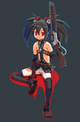 Rule 34 | 1girl, black hair, black theme, boots, cameltoe, cleft of venus, cross, elbow gloves, flat chest, gloves, highres, long hair, panties, red eyes, ryoji (nomura ryouji), silver rain, simple background, skull, smile, solo, striped clothes, striped panties, thigh boots, thighhighs, twintails, underwear