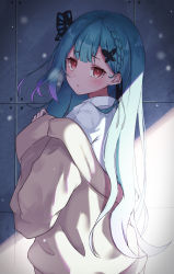 Rule 34 | 1girl, braid, brown cardigan, brown eyes, butterfly hair ornament, cardigan, collared shirt, commentary request, from behind, gradient hair, green hair, hair down, hair ornament, highres, hololive, leopon pon, long sleeves, looking at viewer, looking back, multicolored hair, off shoulder, purple hair, school uniform, shirt, sleeves past wrists, solo, upper body, uruha rushia, uruha rushia (school uniform), virtual youtuber, white shirt
