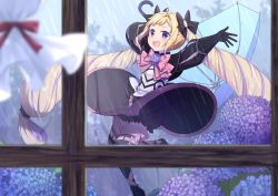 Rule 34 | 1girl, :d, arms up, black bloomers, black bow, black dress, black footwear, black gloves, black thighhighs, blonde hair, bloomers, blue flower, blue umbrella, blurry, blurry foreground, blush, boots, bow, commentary request, day, depth of field, dress, elise (fire emblem), fire emblem, fire emblem fates, flower, gloves, hair bow, holding, holding umbrella, hydrangea, indoors, long hair, long sleeves, multicolored hair, nintendo, open mouth, pink bow, puffy long sleeves, puffy sleeves, purple eyes, purple flower, purple hair, rain, smile, solo, streaked hair, thigh boots, thighhighs, transistor, twintails, umbrella, underwear, very long hair, window