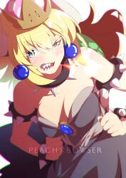 Rule 34 | 1girl, absurdres, blonde hair, blue eyes, bowsette, bracelet, breasts, character name, crown, earrings, fangs, goshichi shoji, gradient eyes, green eyes, hands on own hips, highres, horns, jewelry, large breasts, long hair, mario (series), multicolored eyes, new super mario bros. u deluxe, nintendo, open mouth, smile, spiked bracelet, spikes, super crown, white background