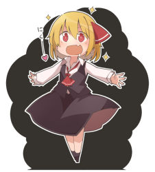 Rule 34 | 1girl, black skirt, black socks, black vest, blonde hair, collared shirt, commentary request, drooling, fang, full body, hair ribbon, heart, jagabutter, long sleeves, open mouth, outstretched arms, red eyes, red neckwear, red ribbon, ribbon, rumia, shirt, short hair, skin fang, skirt, socks, solo, sparkle, spread arms, standing, touhou, translated, vest, white shirt