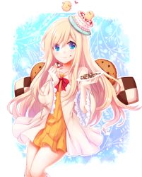 Rule 34 | 1girl, anais del caril, bird, blonde hair, blue eyes, bow, cake, checkerboard cookie, coat, cookie, dress, eating, food, food on face, highres, long hair, looking at viewer, open clothes, open coat, plate, solo, tales weaver, very long hair, wide sleeves, yellow dress, yuya (night lily)