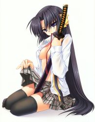 Rule 34 | 1girl, absurdres, black hair, black thighhighs, breasts, cleavage, clothes lift, covered erect nipples, covering privates, covering breasts, highres, hinoue itaru, katana, kurugaya yuiko, little busters!, mouth hold, no bra, official art, open clothes, open shirt, plaid, plaid skirt, purple eyes, ribbon, school uniform, shirt, sideboob, simple background, sitting, skirt, skirt lift, sword, thighhighs, topless, weapon