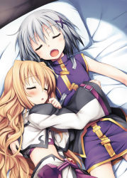 Rule 34 | 2girls, bed, black hair, blonde hair, blush, buckle, closed eyes, hair ornament, kusakami akira, long hair, lord dearche, lying, lyrical nanoha, mahou shoujo lyrical nanoha, mahou shoujo lyrical nanoha a&#039;s, mahou shoujo lyrical nanoha a&#039;s portable: the battle of aces, mahou shoujo lyrical nanoha a&#039;s portable: the gears of destiny, multicolored hair, multiple girls, on back, on bed, on side, open mouth, pillow, short hair, silver hair, sleeping, yuri eberwein