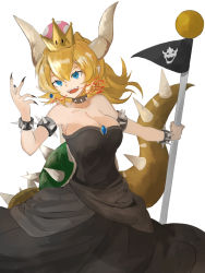 Rule 34 | 1girl, armlet, bare shoulders, black dress, blonde hair, blue eyes, bowser logo, bowsette, bracelet, breasts, breath weapon, breathing fire, cleavage, collar, collarbone, commentary request, dress, fingernails, fire, flag, hand up, highres, horns, jewelry, long fingernails, mario (series), new super mario bros. u deluxe, nintendo, pointy ears, ponytail, psyren2, sharp fingernails, sharp teeth, simple background, solo, spiked armlet, spiked bracelet, spiked collar, spiked shell, spiked tail, spikes, strapless, strapless dress, super crown, tail, teeth, white background