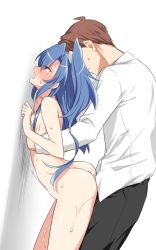 Rule 34 | 1boy, 1girl, against wall, ass, bent over, blue eyes, blue hair, blush, breasts, clothed male nude female, hair ornament, half-closed eyes, hetero, kazanari tsubasa, lanlanlap, long hair, nude, one side up, open mouth, senki zesshou symphogear, sex, simple background, small breasts, solo focus, standing, standing sex, sweat, tears, white background