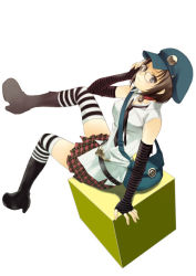 Rule 34 | 1girl, adjusting eyewear, arm support, atlus, bag, belt, belt buckle, blue eyes, boots, breasts, brooch, brown hair, buckle, cabbie hat, choker, cube, elbow gloves, fingerless gloves, full body, glasses, gloves, hat, jewelry, leg lift, looking at viewer, looking up, marie (persona 4), medium breasts, messenger bag, necktie, persona, persona 4, persona 4 the golden, plaid, plaid skirt, seiru (prairie), shirt, short hair, shoulder bag, simple background, sitting, skirt, sleeveless, sleeveless shirt, solo, striped clothes, striped thighhighs, thighhighs