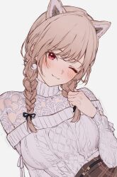 Rule 34 | 1girl, ;3, animal ear fluff, animal ears, aran sweater, belt, black ribbon, blush, braid, breasts, brown skirt, cable knit, closed mouth, earrings, extra ears, furen e lustario, grey sweater, hair ribbon, hand up, head tilt, highres, holding, holding own hair, jewelry, lace shirt, large breasts, light brown hair, long sleeves, looking at viewer, low twin braids, nijisanji, off-shoulder sweater, off shoulder, one eye closed, plaid, plaid skirt, red eyes, ribbed sweater, ribbon, see-through, simple background, sketch, skirt, smile, solo, sooon, sweater, turtleneck, turtleneck sweater, twin braids, upper body, virtual youtuber, white background, white sweater