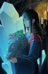 Rule 34 | 1girl, absurdres, black hair, blue eyes, blue robe, candle, candlelight, closed mouth, commentary request, crystal, elden ring, highres, indoors, joyeac, long hair, robe, smile, solo, sorceress sellen, stole, stone mask