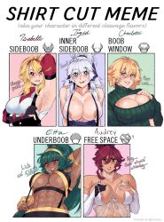 Rule 34 | ..., 5girls, ?, abs, absurdres, armpits, blonde hair, blue eyes, breasts, character name, cleavage, commentary, dark-skinned female, dark skin, detached sleeves, english commentary, english text, fingerless gloves, gloves, green hair, highres, isabongos, large breasts, looking at viewer, multiple drawing challenge, multiple girls, muscular, muscular female, navel, open mouth, original, red eyes, red hair, shirt cut meme, short hair, sideboob, smile, sweater, teeth, tongue