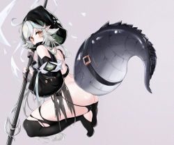 Rule 34 | 1girl, ahoge, arknights, ass, bare back, black sleeves, black thighhighs, crocodilian tail, detached sleeves, from behind, full body, gloves, grey background, grey gloves, grey hair, holding, holding staff, hood, hood up, kneeling, looking at viewer, panties, panty pull, partially fingerless gloves, pointy ears, ruosin (heng02201), solo, staff, tail, tail strap, thighhighs, thighs, tomimi (arknights), torn clothes, torn thighhighs, underwear, yellow eyes