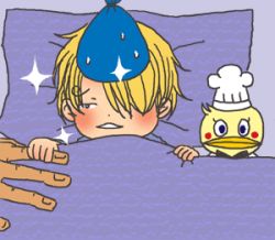Rule 34 | 1boy, aged down, bed, blonde hair, chef, chef hat, child, east blue, fever, hair over one eye, hat, ice, ice pack, lowres, male focus, one piece, pillow, red-leg zeff, sanji (one piece), solo, stuffed toy