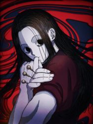 Rule 34 | 1boy, black eyes, black hair, expressionless, highres, holding, holding needle, holding weapon, hunter x hunter, illumi zoldyck, long hair, looking at viewer, male focus, needle, parted bangs, short sleeves, solo, thicopoyo, weapon