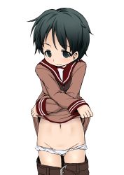 Rule 34 | 1girl, black hair, clothes pull, embarrassed, female focus, groin, harukaze unipo, kantai collection, mogami (kancolle), panties, sailor collar, short hair, shorts, shorts pull, simple background, solo, underwear, undressing, white background