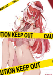 Rule 34 | 1girl, alternate hairstyle, blush, bound, bound wrists, breasts, caution tape, censored, dokuro deluxe, fangs, hat, heavy breathing, heterochromia, highres, hololive, hololive indonesia, kureiji ollie, long hair, multicolored hair, nail polish, navel, nude, open mouth, patchwork skin, pink hair, red eyes, red hair, santa hat, shiny skin, solo, stitched face, stitches, tearing up, twitter username, two-tone hair, virtual youtuber, watermark, yellow eyes, zombie