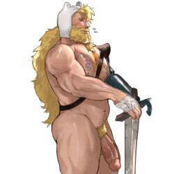 Rule 34 | 1boy, absurdres, adventure time, aged up, bakku (bakkunsfw), bara, beard, blonde hair, chest hair, chest tattoo, facial hair, feet out of frame, finn the human, flaccid, from side, girthy penis, highres, large pectorals, large penis, long beard, long hair, looking ahead, male focus, male pubic hair, mature male, mechanical arms, muscular, muscular male, navel, nipples, nude, pectorals, penis, planted, planted sword, planted weapon, profile, pubic hair, short hair, single mechanical arm, solo, standing, sword, tattoo, thick eyebrows, thick mustache, thick thighs, thighs, very long hair, weapon