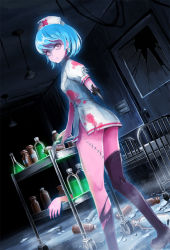 Rule 34 | 1girl, amputee, bed, black thighhighs, blood, blood stain, blue hair, bone, bottle, broken glass, brown eyes, dark, disembodied hand, earrings, expressionless, female focus, from behind, glass, guro, hallway, hat, highres, jewelry, looking at viewer, looking back, medicine, nurse, nurse cap, original, pale skin, scar, severed limb, short hair, solo, stitches, thighhighs, torn clothes, torn thighhighs, ume (illegal bible), zombie