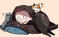 Rule 34 | 1boy, animal, animal on back, black cat, blanket, blush stickers, brown hair, calico, cat, clenched hand, closed eyes, commentary request, danganronpa (series), danganronpa v3: killing harmony, full body, grey cat, hoshi ryoma, kogarashi 8, lying, male focus, no headwear, on stomach, open mouth, partial commentary, pillow, short hair, simple background, smile, solo, sweatdrop, under covers, very short hair, yellow background