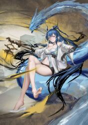 Rule 34 | 1girl, absurdres, arknights, bare shoulders, black gloves, black shorts, blue eyes, blue hair, braid, breasts, chinese commentary, cleavage, commentary request, crossed legs, cup, detached collar, dragon, dragon girl, dragon horns, dress, drinking glass, elbow gloves, fantasy, full body, gloves, grin, high heels, highres, holding, holding cup, horns, jacket, legs, ling (arknights), long hair, looking at viewer, magic, medium breasts, midriff, no socks, off shoulder, open clothes, open jacket, pointy ears, purple eyes, revealing clothes, shoe dangle, shoes, short shorts, shorts, signature, sitting, smile, soles, solo, strapless, strapless dress, toenails, toes, unfinished, white dress, white footwear, white jacket, wide sleeves, yiyanbanshengchou
