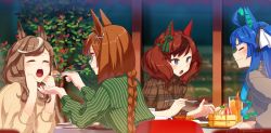 Rule 34 | 4girls, ahoge, animal ears, blush, braid, braided ponytail, brown hair, brown sweater, cake, closed mouth, collared shirt, commentary request, cup, dated, ear covers, elbows on table, closed eyes, feeding, food, glasses, green shirt, grey eyes, hair ornament, hairclip, highres, holding, holding spoon, horse ears, ikuno dictus (umamusume), long hair, long sleeves, matikane tannhauser (umamusume), medium hair, multicolored hair, multiple girls, nice nature (umamusume), open mouth, outdoors, plaid, plaid shirt, plant, plate, round eyewear, shirt, sitting, smile, spoon, streaked hair, sweater, table, takuzui, twin turbo (umamusume), twintails, twitter username, umamusume, wavy mouth, window