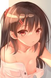 Rule 34 | 1girl, bare shoulders, blush, breasts, chinese commentary, closed mouth, commentary request, hair ornament, hair scrunchie, hairclip, highres, jiang xin, long hair, looking at viewer, nipples, no bra, off shoulder, one breast out, one side up, open clothes, open shirt, original, red eyes, scrunchie, shirt, small breasts, solo, unbuttoned, unbuttoned shirt, upper body, white shirt