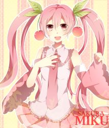 Rule 34 | 1girl, bad id, bad pixiv id, character name, cherry, detached sleeves, etoranze, food, fruit, hand on own chest, hatsune miku, highres, long hair, necktie, open mouth, pink eyes, pink hair, sakura miku, skirt, solo, twintails, very long hair, vocaloid
