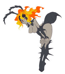 Rule 34 | 1girl, antennae, barefoot, bent over, boots, breasts, colored skin, crybringer, demon mages, fiery hair, fire, flaming hair, grey skin, hands on own knees, arthropod girl, knee boots, monster girl, orange eyes, original, solo, spikes, tiptoes