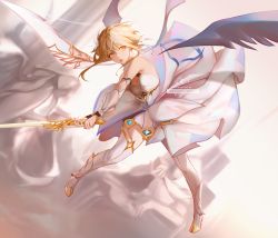 Rule 34 | 1girl, bare shoulders, blonde hair, boots, breasts, eyebrows hidden by hair, flying, genshin impact, hair between eyes, holding, holding sword, holding weapon, looking at viewer, lumine (genshin impact), nevercrymoon, off shoulder, open mouth, short hair, skirt, solo, sword, thigh boots, weapon, white footwear, wings, yellow eyes