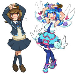 Rule 34 | 2girls, absurdres, armband, armpits, arms up, bleuzer, blue angel, blue hair, blush, bow, breasts, brown eyes, brown footwear, brown hair, card, collared shirt, commission, dress, dual persona, embarrassed, facial tattoo, flat chest, flying sweatdrops, hair bow, heart, heart hair, highres, holding, holding card, jacket, large breasts, multiple girls, necktie, one eye closed, open mouth, playing card, purple eyes, school uniform, shirt, shoes, simple background, skirt, sleeveless, smile, steam, steaming body, sweat, sweatdrop, sweater vest, sweaty clothes, tattoo, thighhighs, twintails, white background, white shirt, wings, yu-gi-oh!, yu-gi-oh! vrains, zaizen aoi