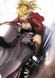 Rule 34 | 1girl, bandeau, belt, blonde hair, blue shorts, braid, breasts, cutoffs, denim, denim shorts, fate/apocrypha, fate (series), french braid, green eyes, jacket, jewelry, jikihatiman, long hair, long sleeves, mordred (fate), mordred (fate/apocrypha), mordred (memories at trifas) (fate), motor vehicle, motorcycle, navel, necklace, open clothes, open jacket, parted bangs, ponytail, red jacket, short shorts, shorts, sidelocks, small breasts, solo