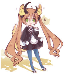 Rule 34 | 1girl, ahoge, animal ear fluff, animal ears, black jacket, black ribbon, black skirt, blade &amp; soul, blue pantyhose, blush, brown hair, character request, full body, green eyes, hair between eyes, hair ribbon, horns, jacket, long hair, long sleeves, looking at viewer, maodouzi, pantyhose, parted lips, ribbon, shoes, skirt, sleeves past wrists, solo, standing, star-shaped pupils, star (symbol), symbol-shaped pupils, tail, teeth, twintails, upper teeth only, very long hair, white background, white footwear