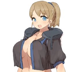 Rule 34 | 1girl, alchera, black shirt, blue eyes, breasts, brown hair, intrepid (kancolle), kantai collection, large breasts, looking at viewer, no bra, open mouth, ponytail, shirt, short hair, simple background, solo, upper body, white background