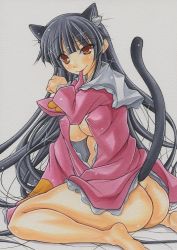 Rule 34 | 1girl, animal ears, ass, black hair, blush, bottomless, breasts, brown eyes, cat ears, cat girl, cat tail, female focus, houraisan kaguya, kemonomimi mode, long hair, medium breasts, mouth hold, open clothes, open shirt, shirt, sideboob, simple background, sitting, smile, solo, tail, touhou, uneven eyes, white background, yutakasan-love