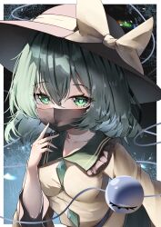 Rule 34 | 1girl, absurdres, black mask, blouse, border, bow, collarbone, commentary request, covered mouth, dfra, frilled shirt collar, frills, green eyes, green hair, hair between eyes, hat, hat bow, heart, heart-shaped pupils, highres, komeiji koishi, large bow, looking at viewer, mask, medium hair, mouth mask, outside border, shirt, solo, symbol-shaped pupils, third eye, touhou, upper body, white border, wide sleeves, yellow bow, yellow shirt