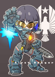 Rule 34 | absurdres, arm blade, armor, blush stickers, cannon, character name, chest cannon, chibi, commentary request, directed-energy weapon, elbow rocket, energy, energy cannon, energy weapon, gd6 chain sword, gipsy danger, glowing, highres, jaeger (pacific rim), legendary pictures, multicolored hair, navel, nuclear vortex turbine, pacific rim, pan pacific defense corps, personification, rocket punch, short hair, streaked hair, susagane, sword, visor, weapon, whip, whip sword, wrist blades