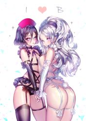 Rule 34 | &#039;o&#039;ne, 2girls, ass, bad id, bad pixiv id, black hair, blue eyes, breasts, detached sleeves, flat chest, frills, garter belt, garter straps, long hair, looking at viewer, looking back, multiple girls, o-ring, o-ring top, original, panties, short hair, silver hair, simple background, small breasts, thong, underwear, white background
