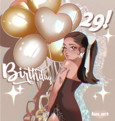 Rule 34 | 1girl, animification, ariana grande, arm tattoo, balloon, bare shoulders, black dress, blush, brown background, brown eyes, brown hair, chromatic aberration, commentary, dress, drop shadow, earrings, english commentary, from side, glint, happy birthday, heart balloon, highres, instagram username, jewelry, looking at viewer, one eye closed, pirorin21century, ponytail, real life, solo, sparkle, strapless, strapless dress, tattoo